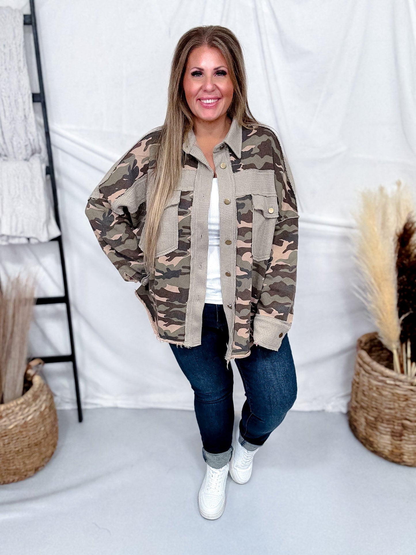 Mineral Washed Camo Waffle Knit Blocked Shacket - Whiskey Skies - DAVI & DANI