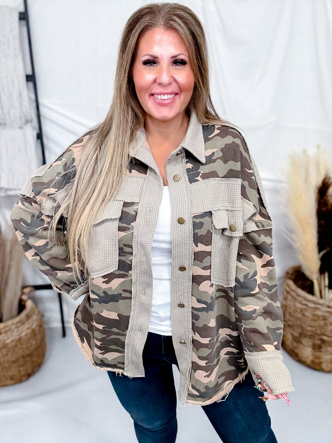 Mineral Washed Camo Waffle Knit Blocked Shacket - Whiskey Skies - DAVI & DANI