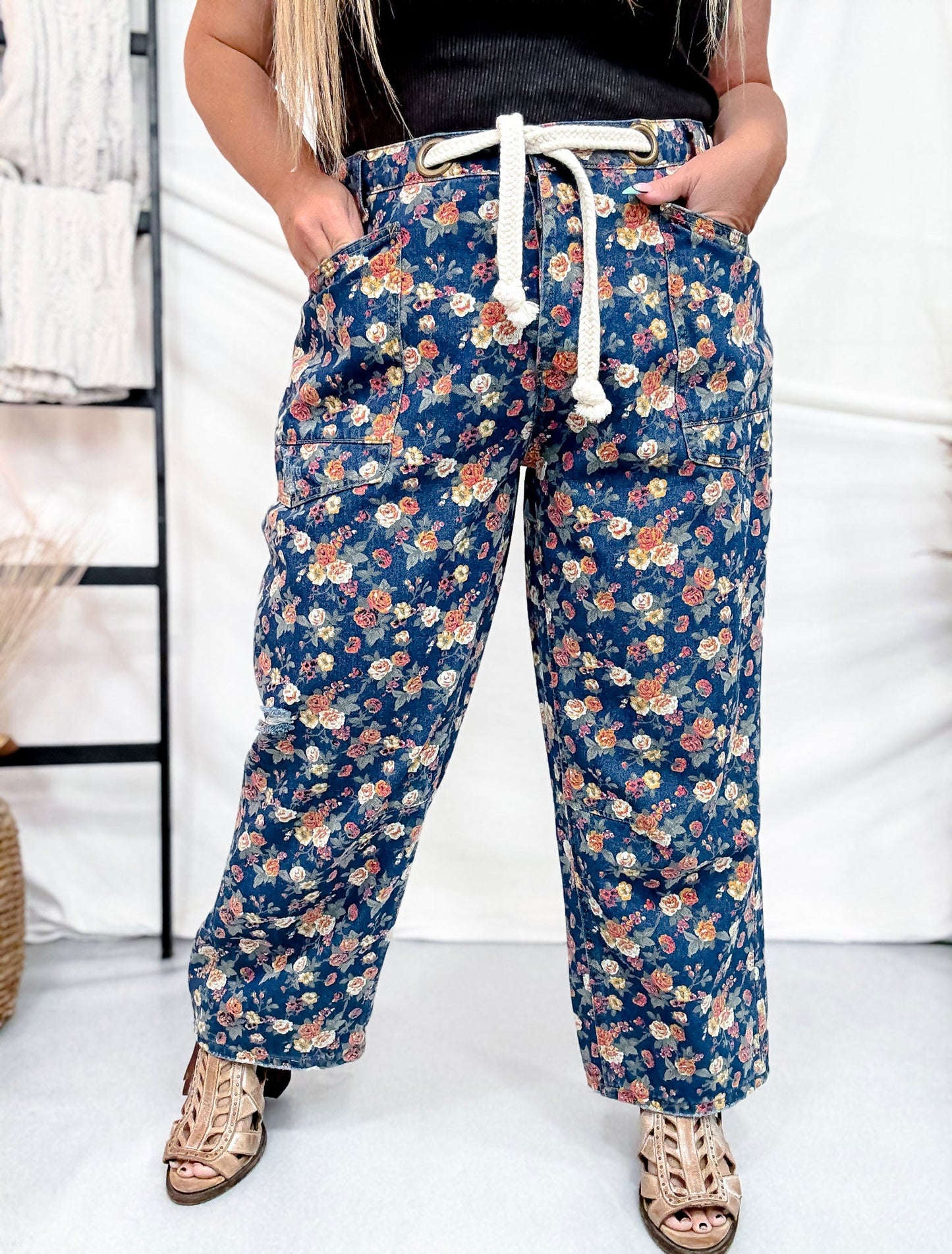 Mineral Washed Denim Pants With Ditsy Floral Print - Whiskey Skies - BIBI