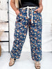 Mineral Washed Denim Pants With Ditsy Floral Print - Whiskey Skies - BIBI