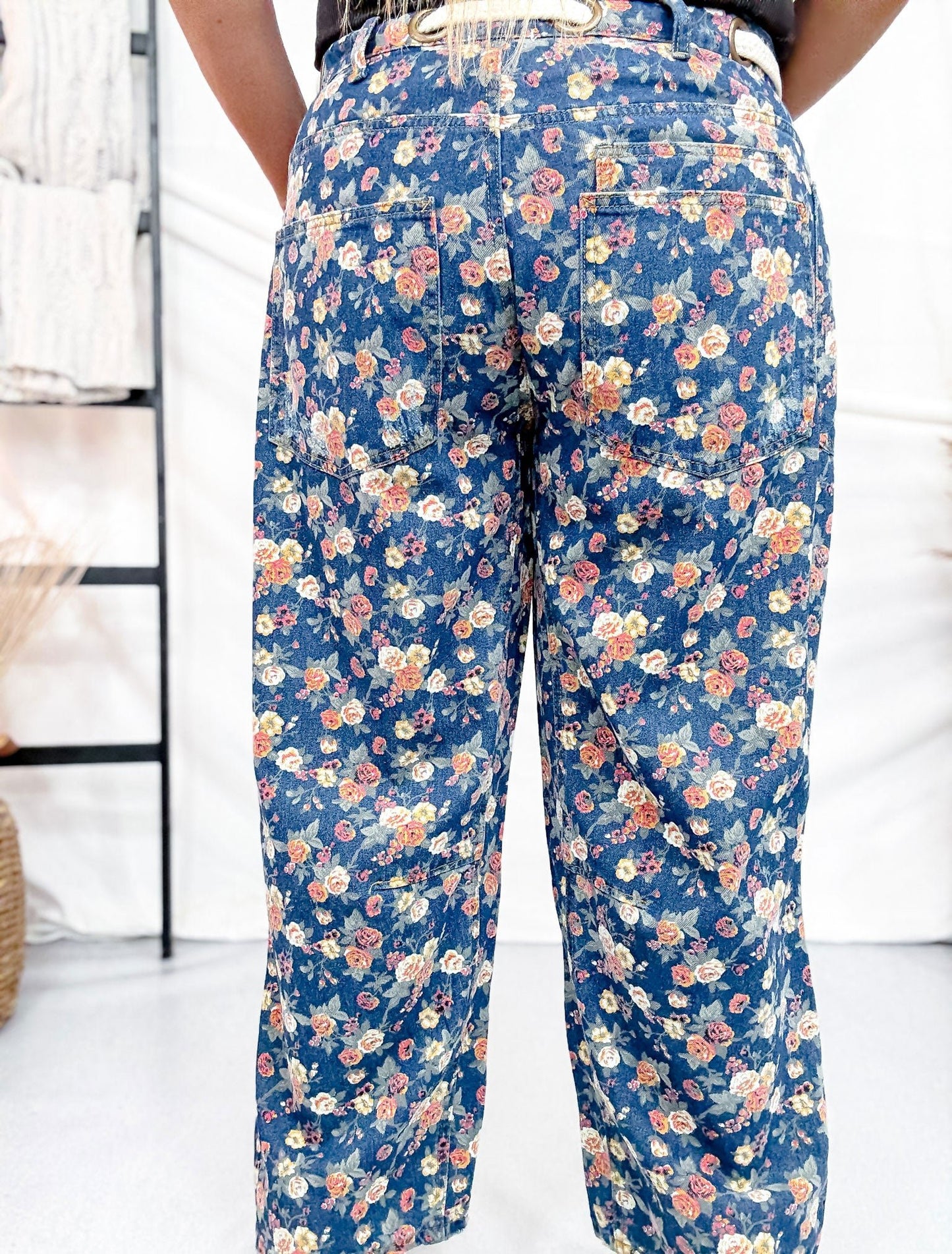 Mineral Washed Denim Pants With Ditsy Floral Print - Whiskey Skies - BIBI