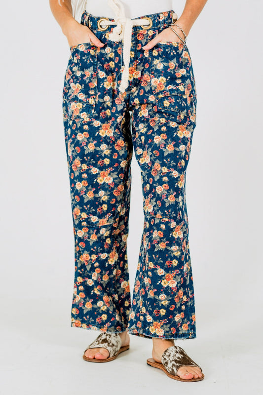Mineral Washed Denim Pants With Ditsy Floral Print - Whiskey Skies - BIBI