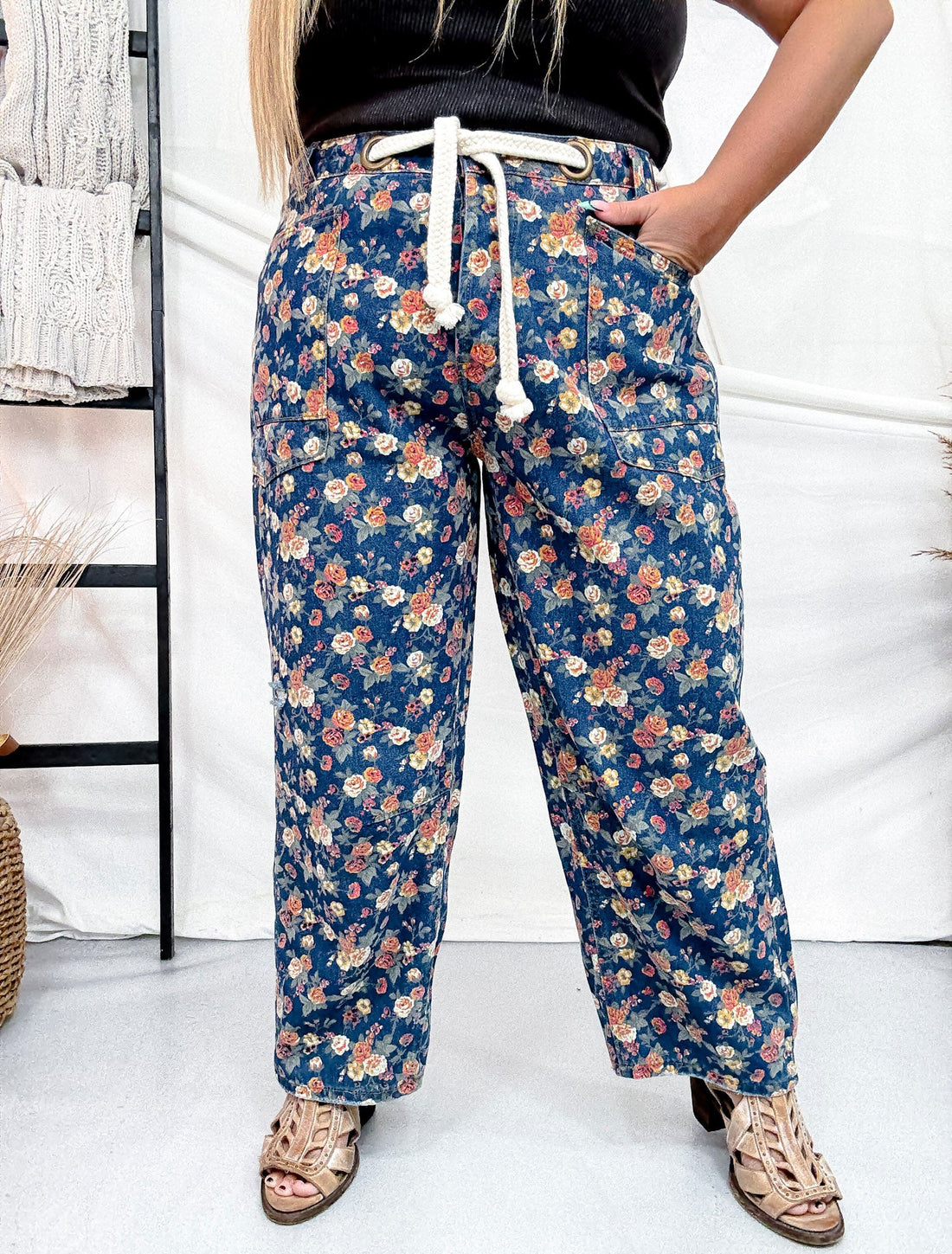 Mineral Washed Denim Pants With Ditsy Floral Print - Whiskey Skies - BIBI