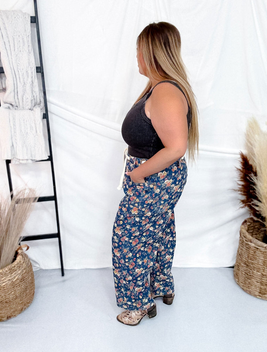 Mineral Washed Denim Pants With Ditsy Floral Print - Whiskey Skies - BIBI