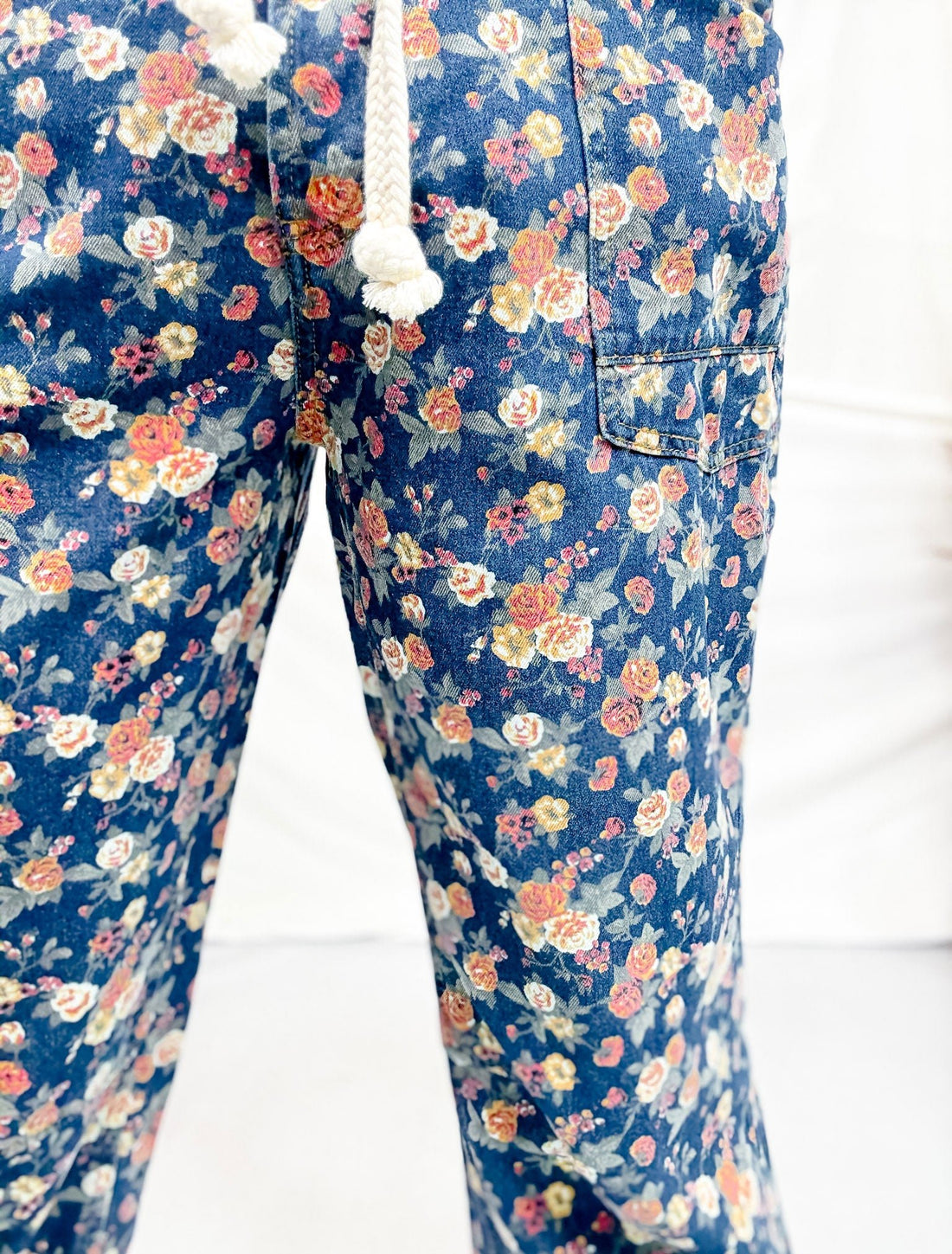 Mineral Washed Denim Pants With Ditsy Floral Print - Whiskey Skies - BIBI