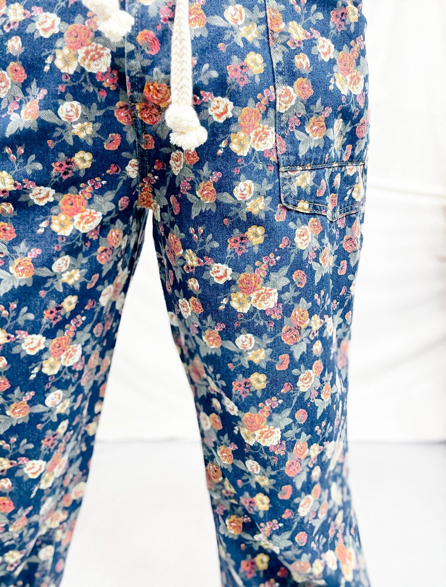 Mineral Washed Denim Pants With Ditsy Floral Print - Whiskey Skies - BIBI