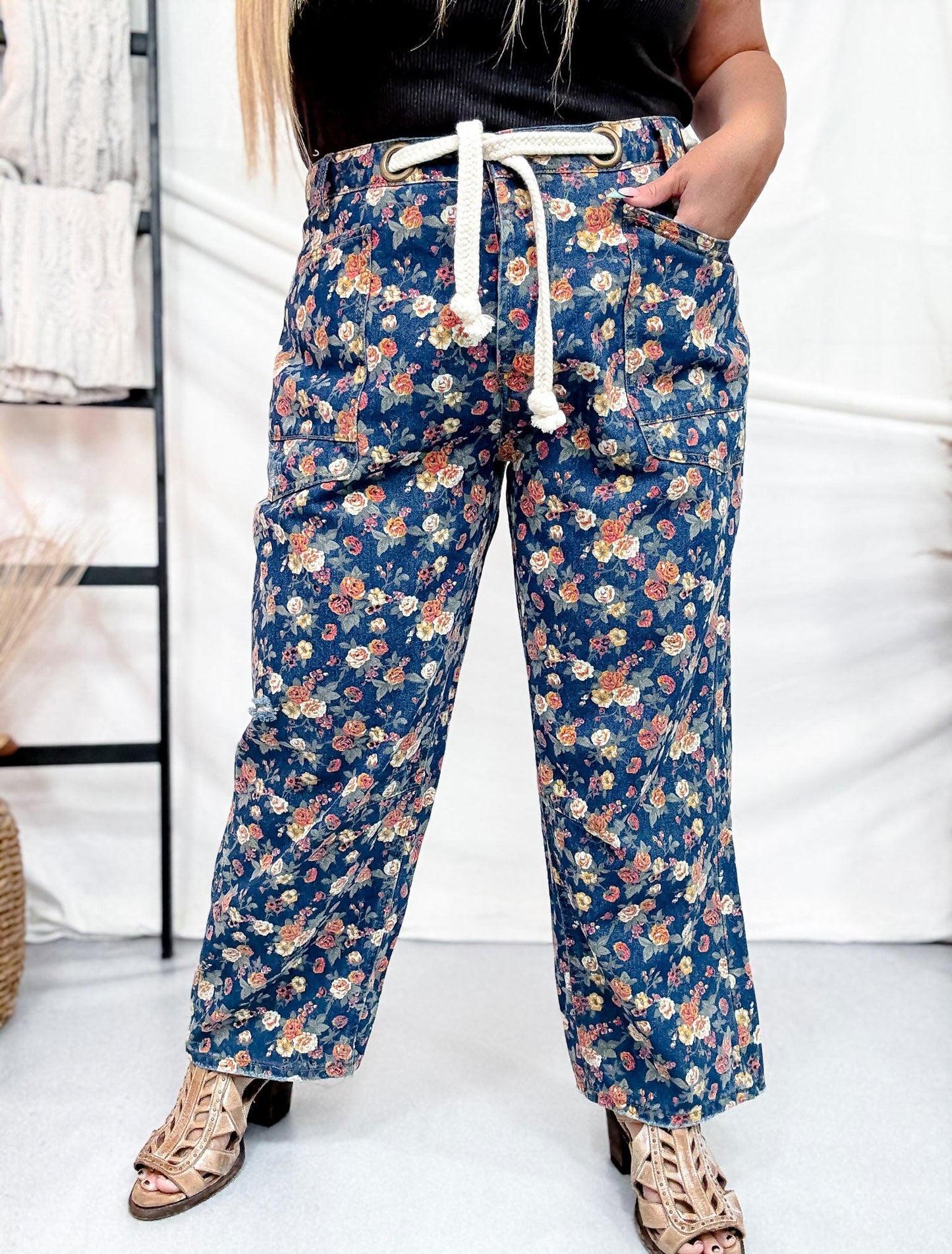 Mineral Washed Denim Pants With Ditsy Floral Print - Whiskey Skies - BIBI