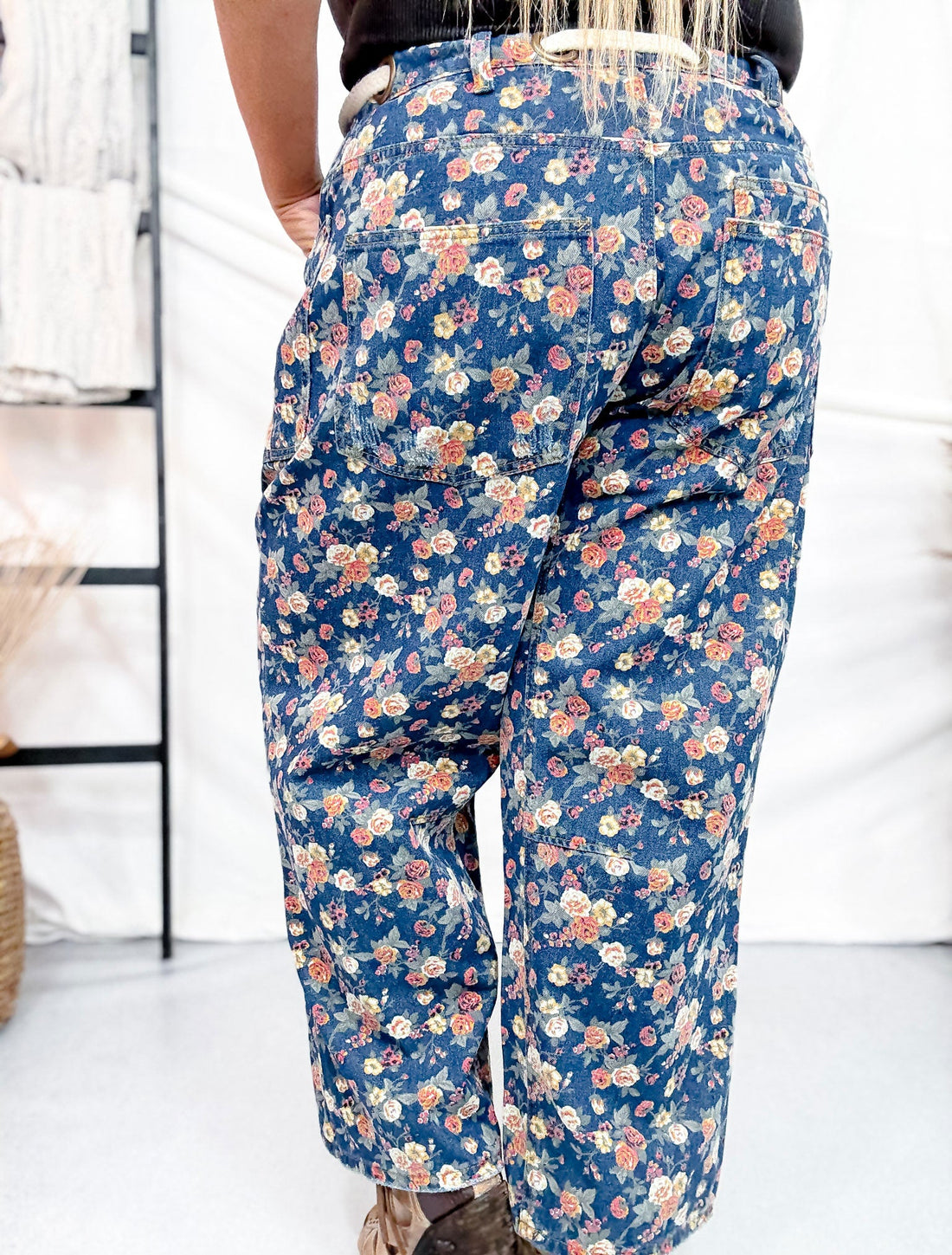 Mineral Washed Denim Pants With Ditsy Floral Print - Whiskey Skies - BIBI