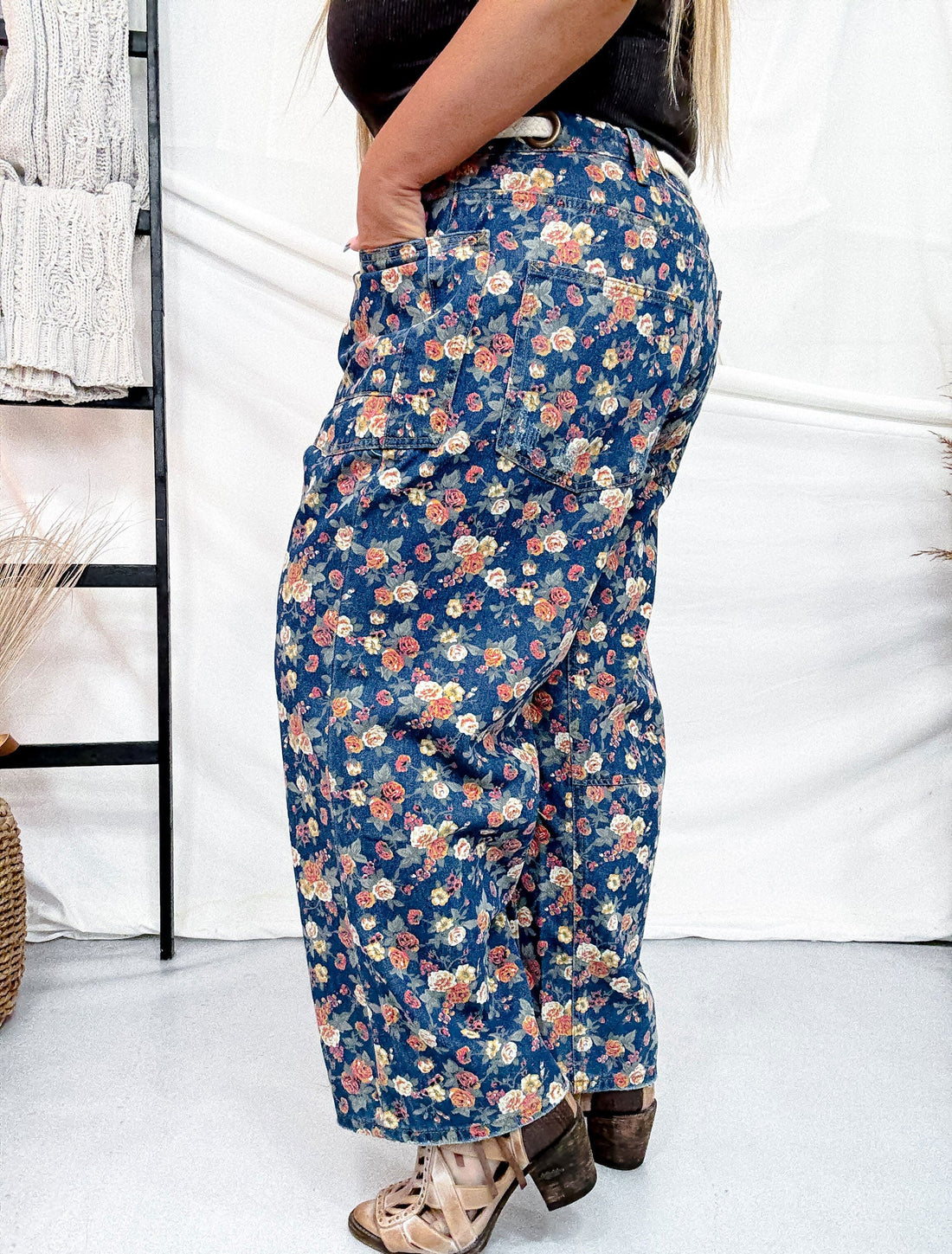 Mineral Washed Denim Pants With Ditsy Floral Print - Whiskey Skies - BIBI
