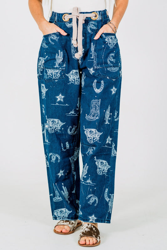 Mineral Washed Denim Pants With Western Print - Whiskey Skies - BIBI