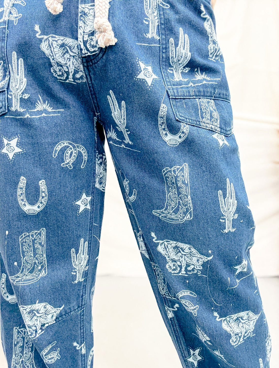 Mineral Washed Denim Pants With Western Print - Whiskey Skies - BIBI