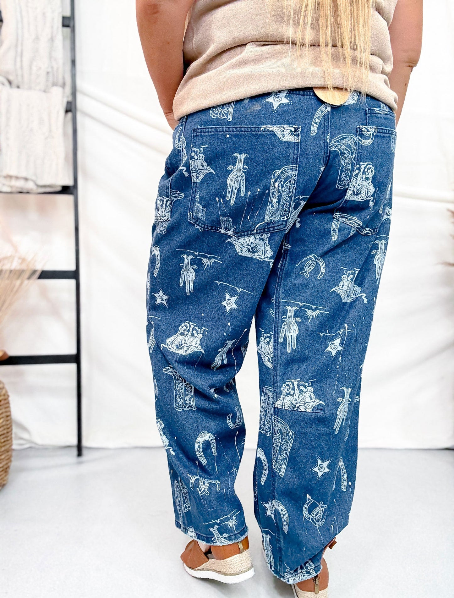 Mineral Washed Denim Pants With Western Print - Whiskey Skies - BIBI