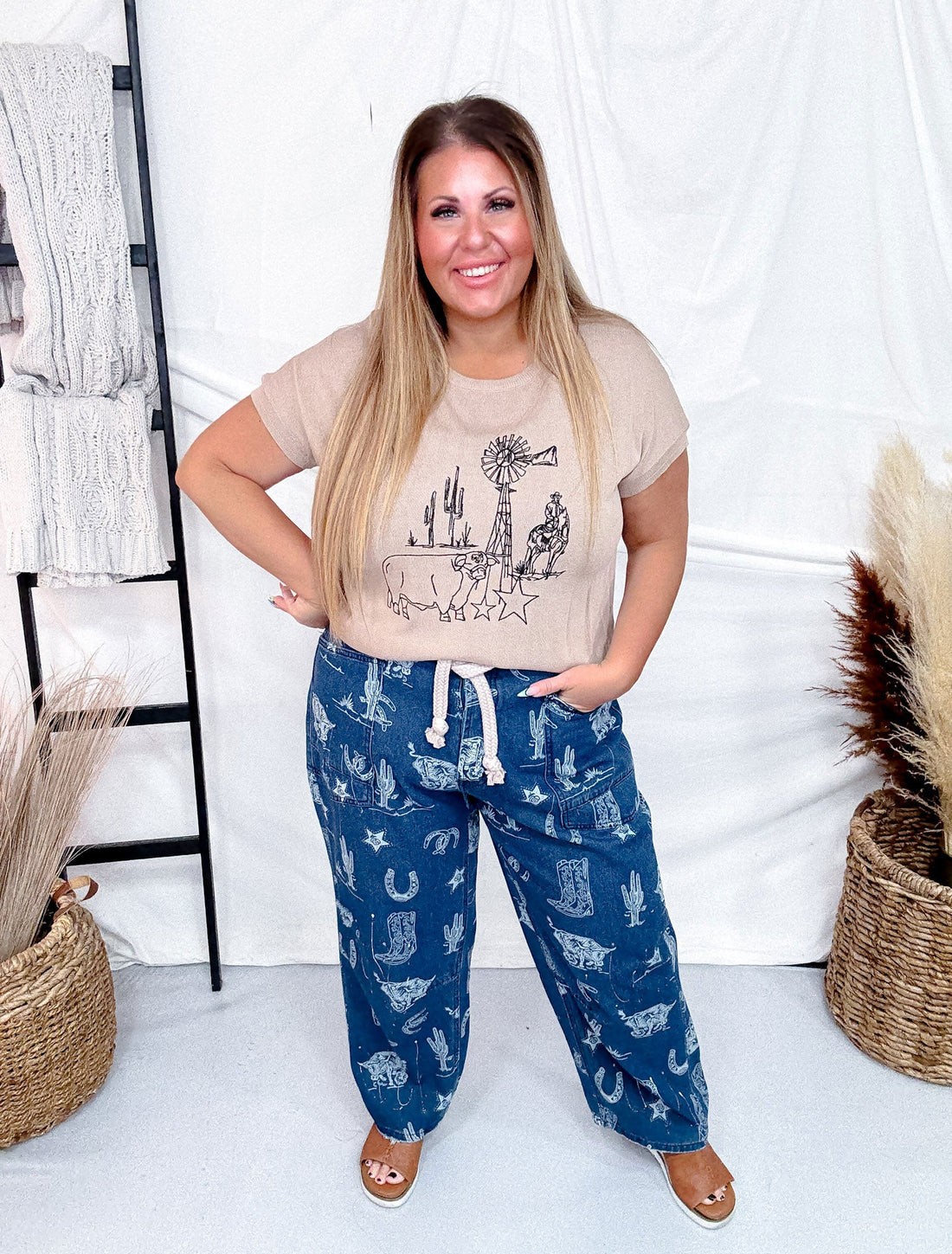 Mineral Washed Denim Pants With Western Print - Whiskey Skies - BIBI