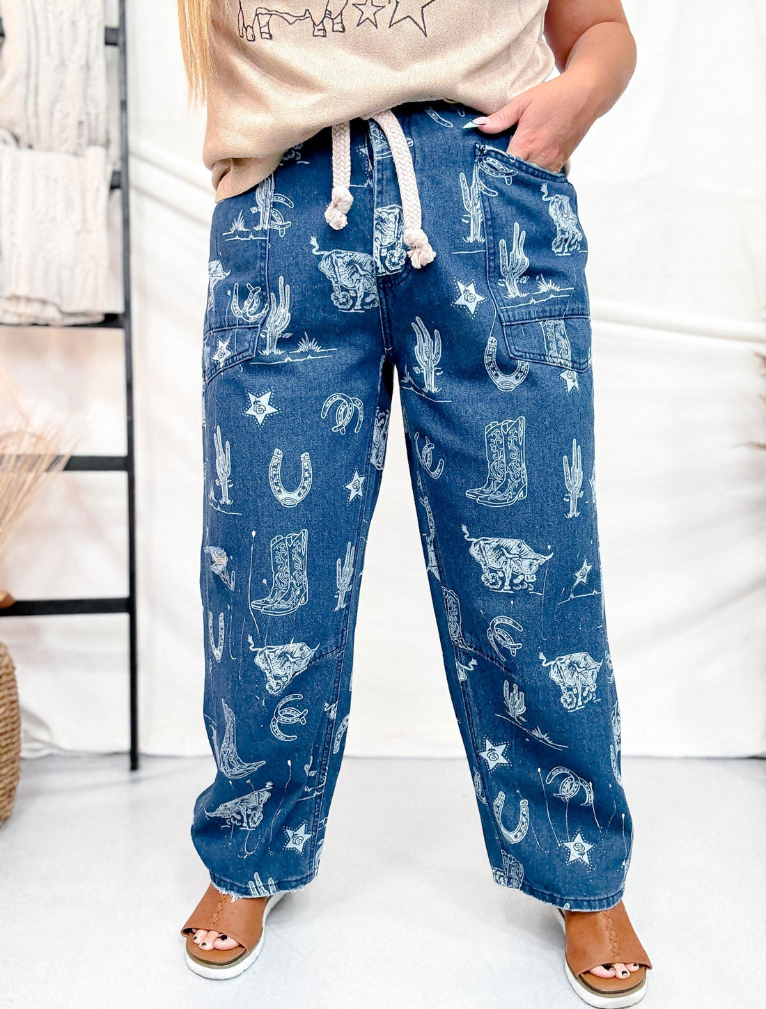 Mineral Washed Denim Pants With Western Print - Whiskey Skies - BIBI