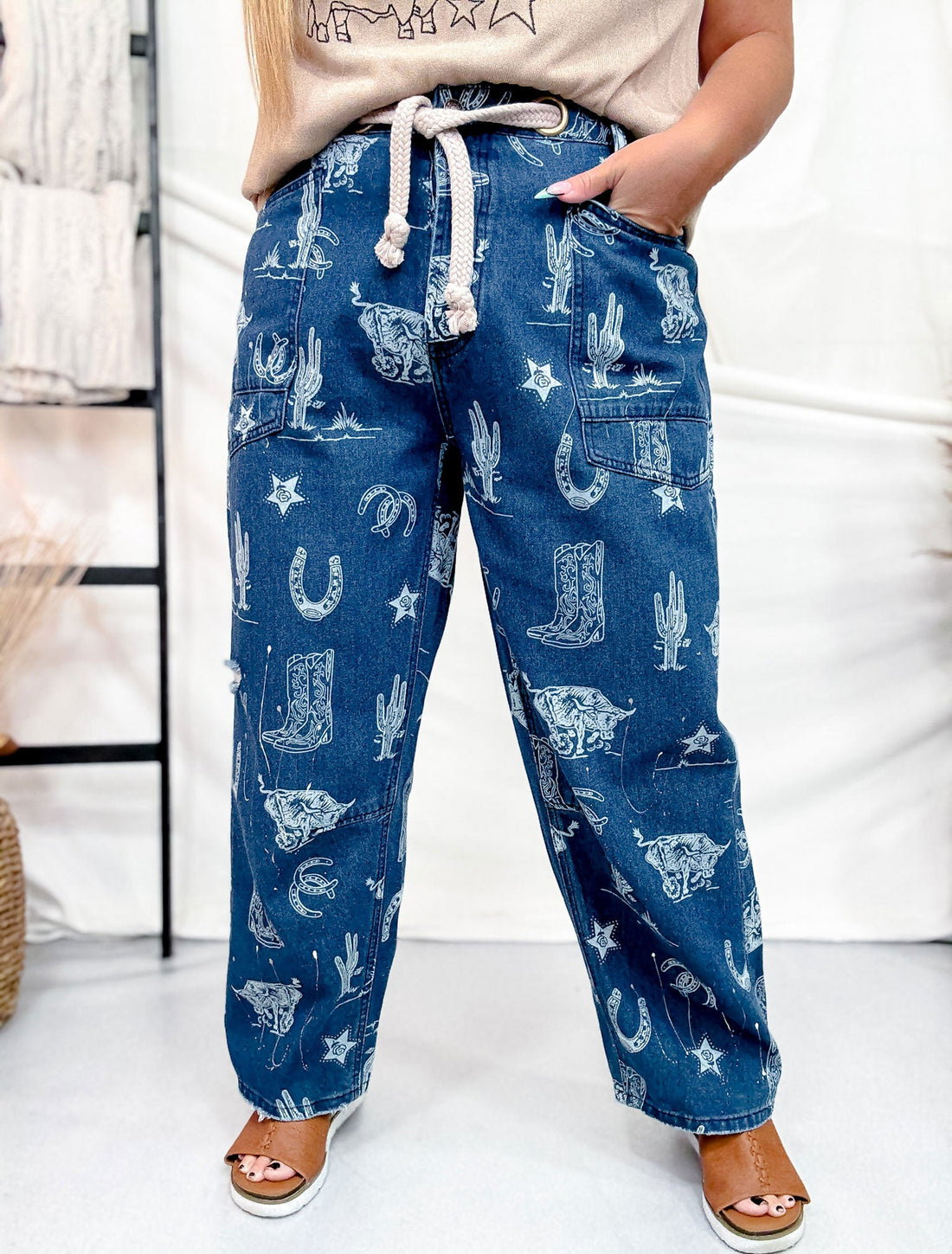 Mineral Washed Denim Pants With Western Print - Whiskey Skies - BIBI