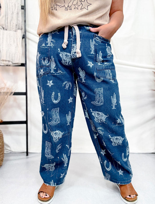 Mineral Washed Denim Pants With Western Print - Whiskey Skies - BIBI