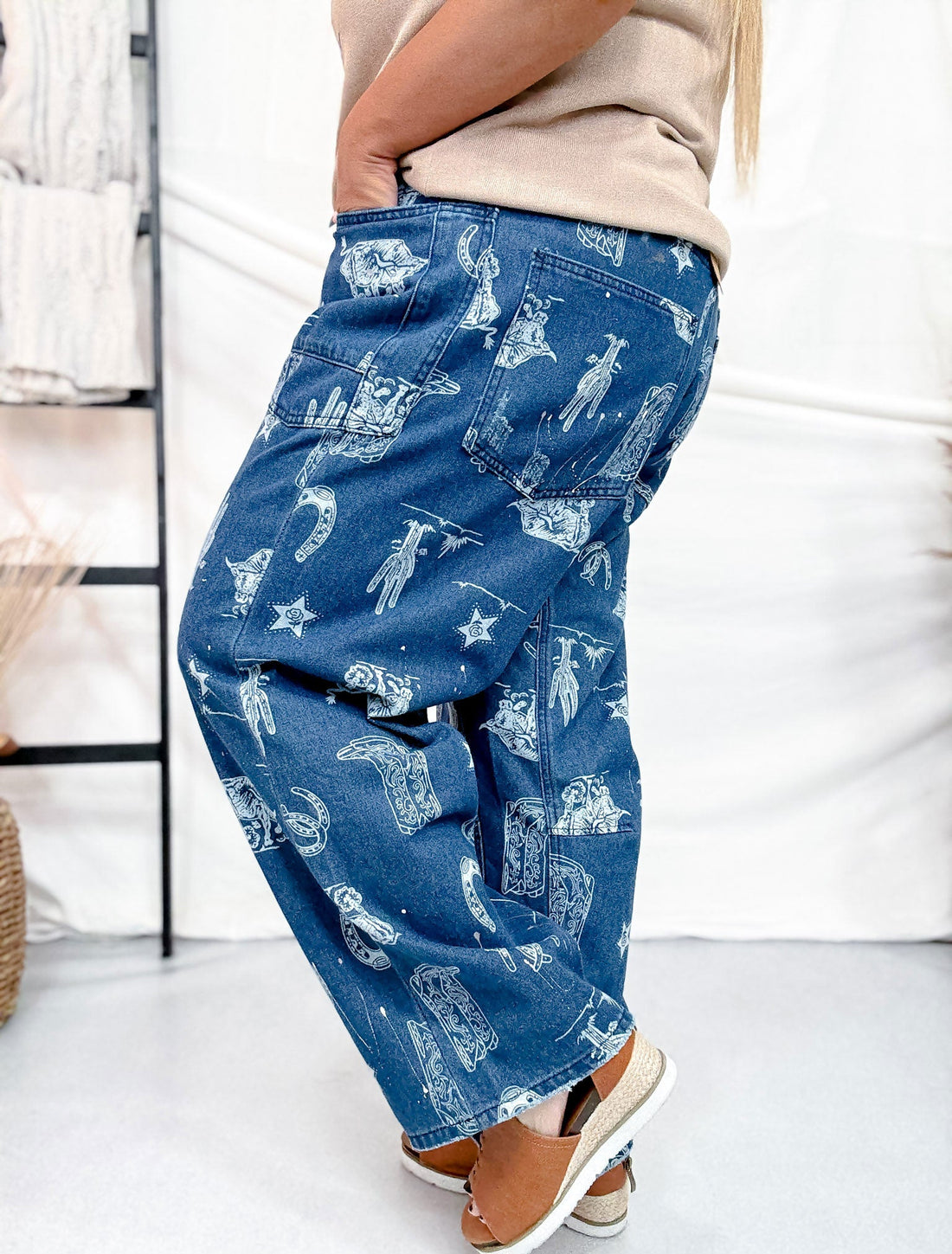 Mineral Washed Denim Pants With Western Print - Whiskey Skies - BIBI