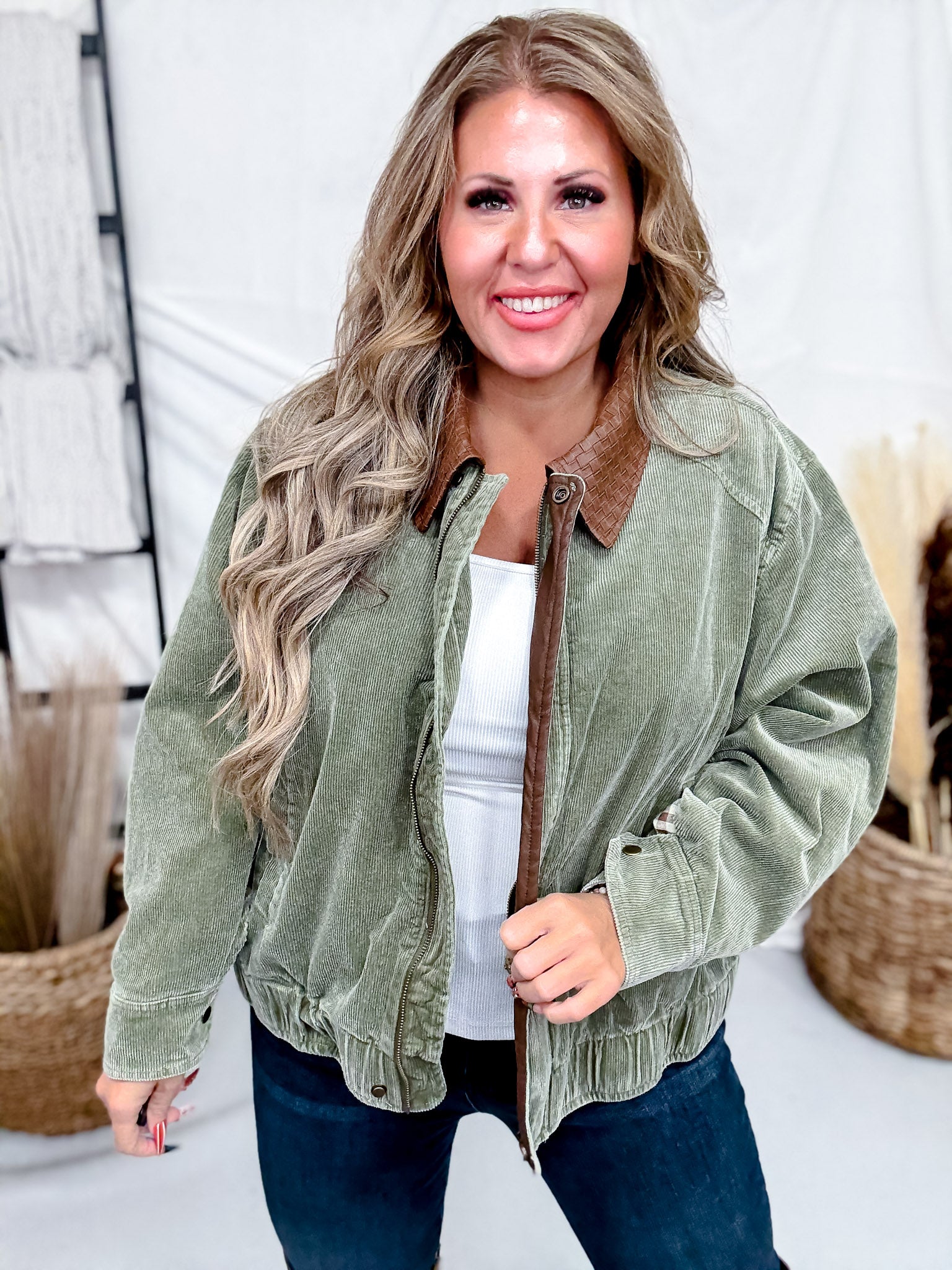 Mineral Washed Olive Corduroy Jacket With Faux Leather Collar