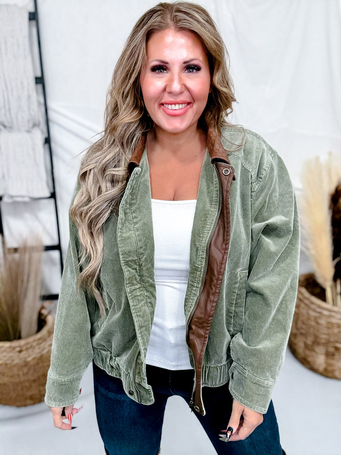 Mineral Washed Olive Corduroy Jacket With Faux Leather Collar - Whiskey Skies - JNNA