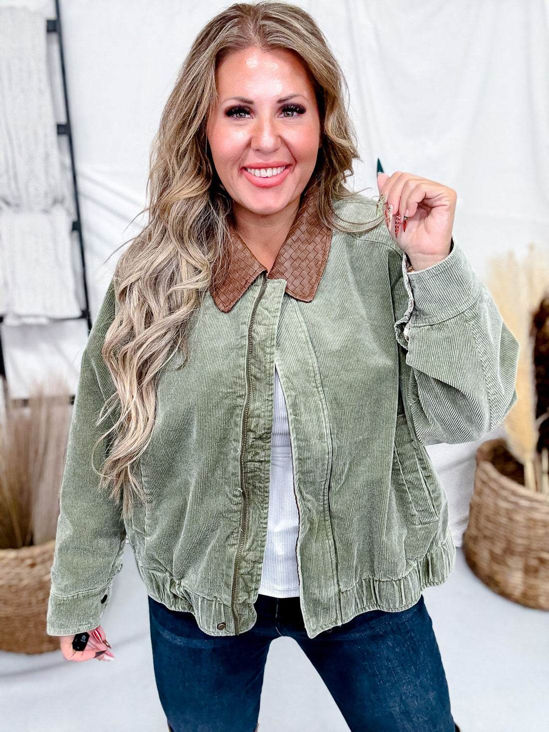 Mineral Washed Olive Corduroy Jacket With Faux Leather Collar - Whiskey Skies - JNNA