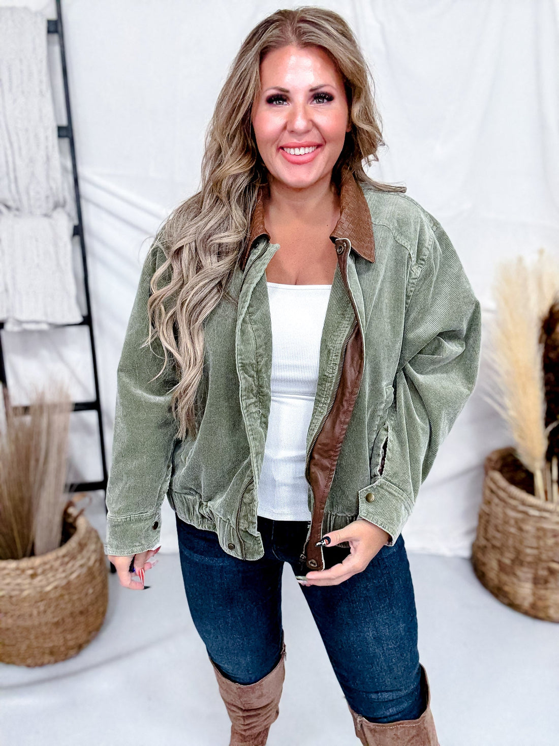 Mineral Washed Olive Corduroy Jacket With Faux Leather Collar - Whiskey Skies - JNNA