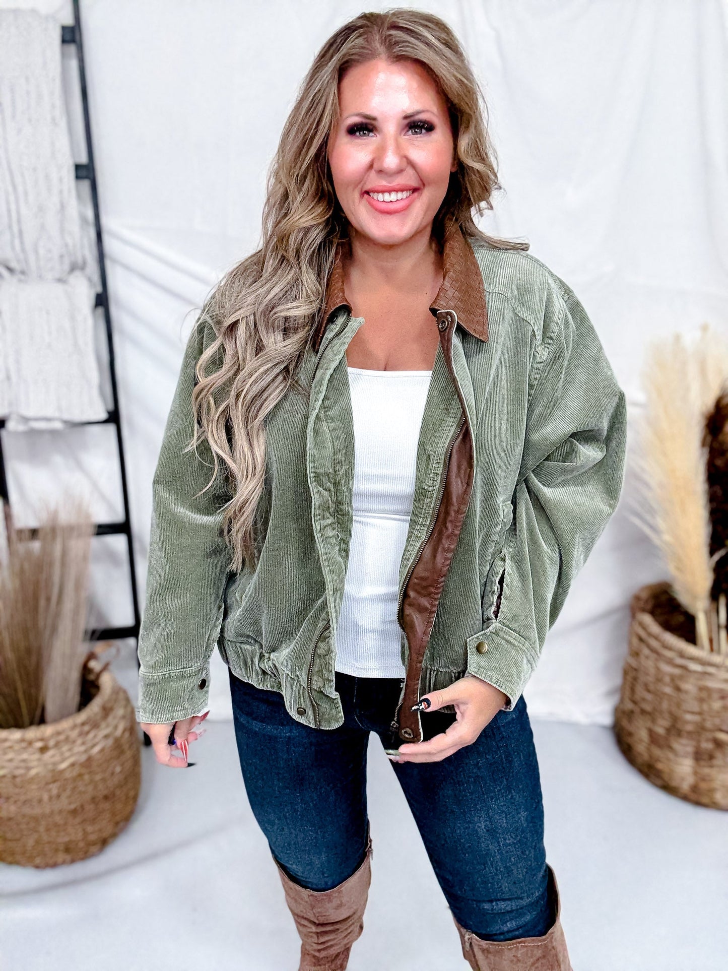 Mineral Washed Olive Corduroy Jacket With Faux Leather Collar - Whiskey Skies - JNNA