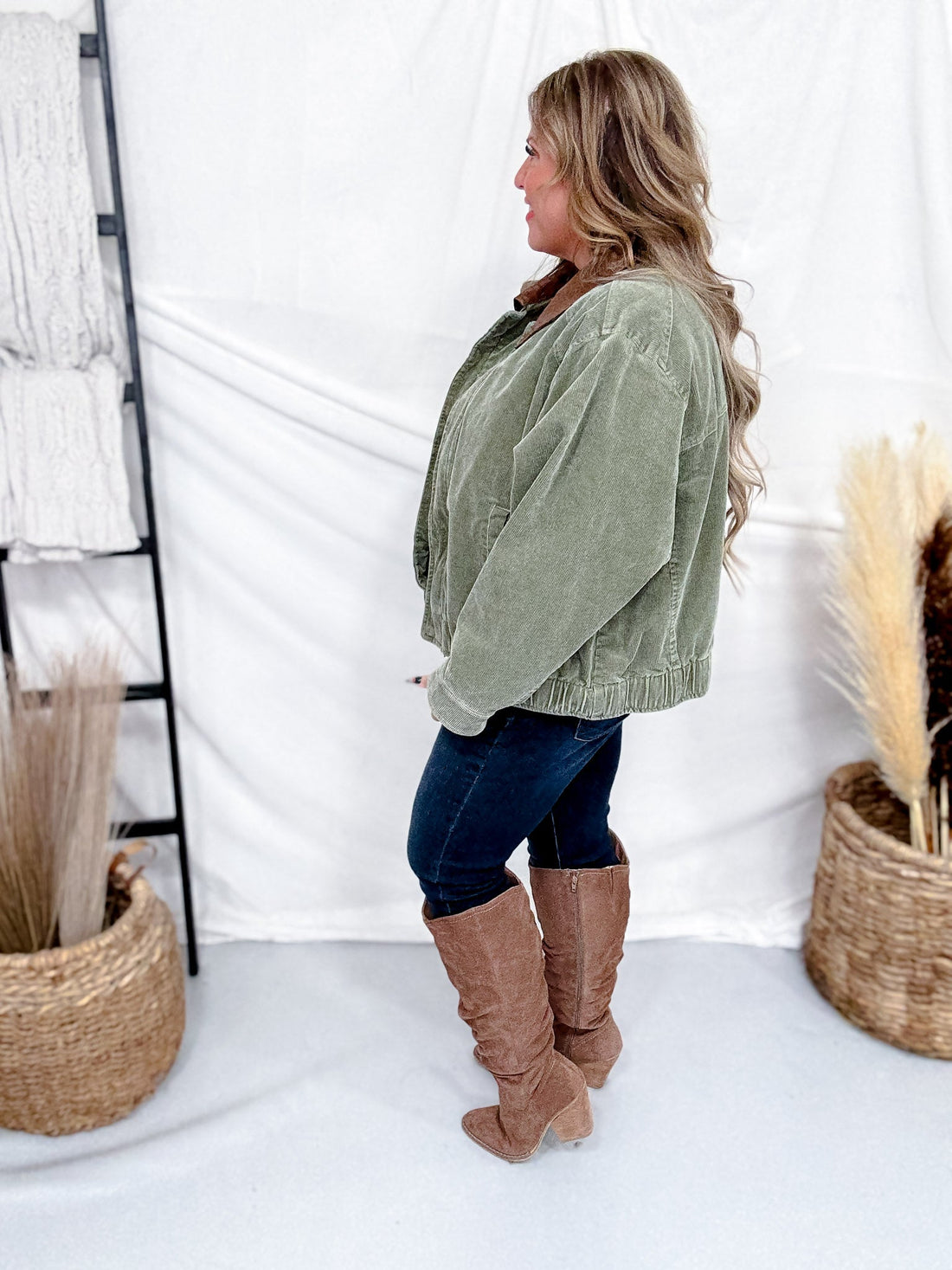 Mineral Washed Olive Corduroy Jacket With Faux Leather Collar - Whiskey Skies - JNNA