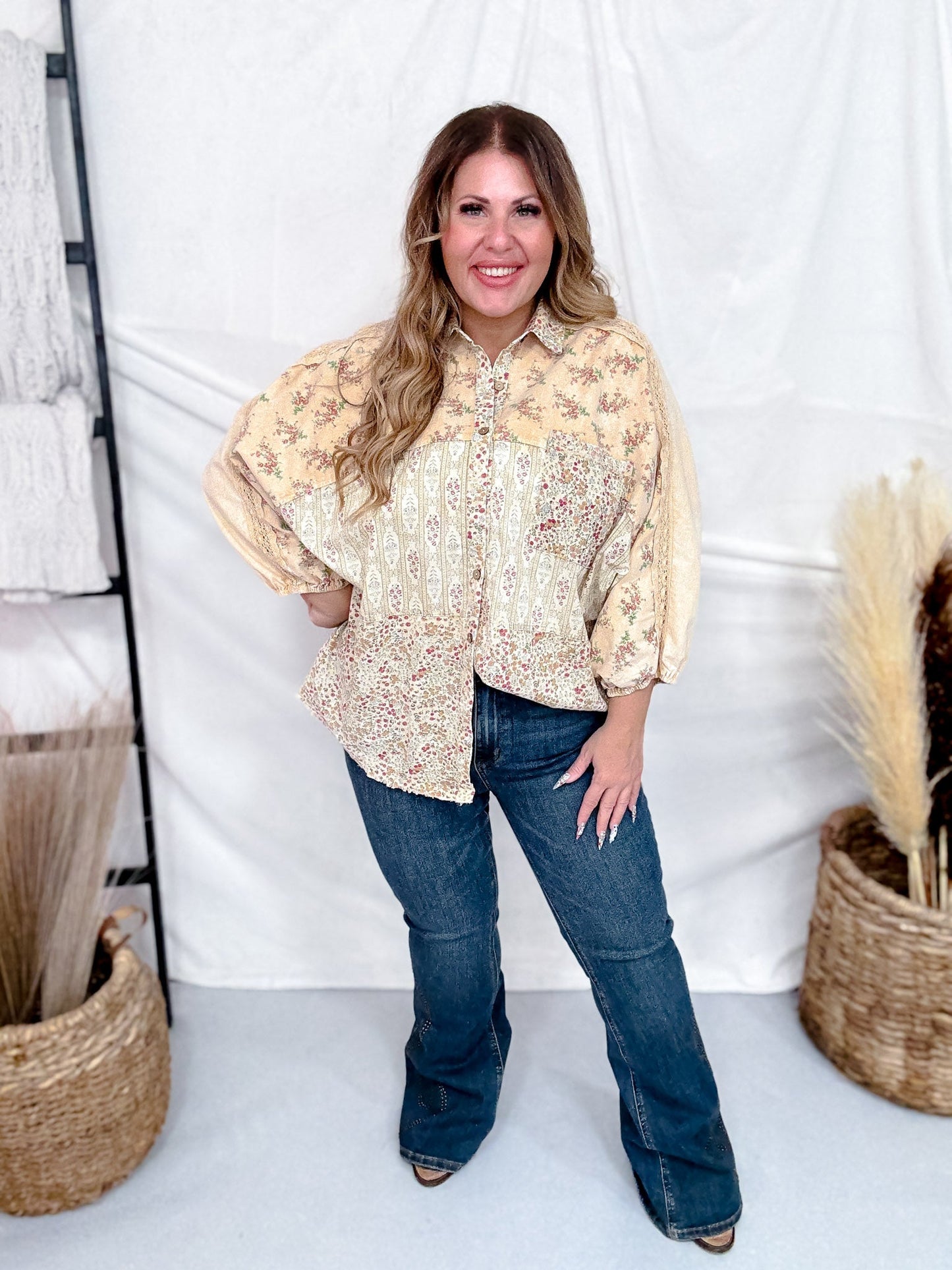 Mineral Washed Patchwork Floral Print Button Down Top In Straw - Whiskey Skies - EASEL