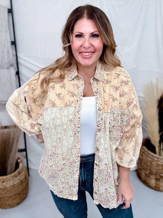 Mineral Washed Patchwork Floral Print Button Down Top In Straw - Whiskey Skies - EASEL