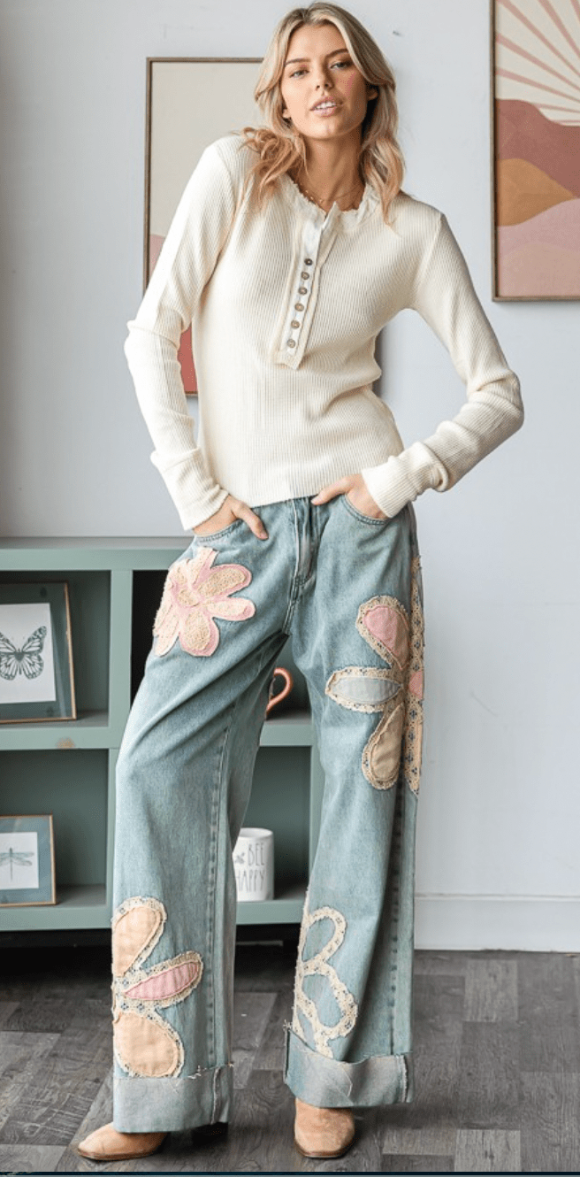 Mineral Washed Straight Denim Jeans with Flower Patches - Whiskey Skies - OLI & HALI