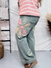 Mineral Washed Straight Denim Jeans with Flower Patches - Whiskey Skies - OLI & HALI
