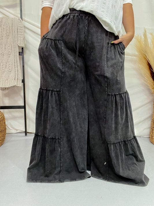 Mineral - Washed Tiered Boho Wide Leg Pants - Whiskey Skies - BLUEVELVET