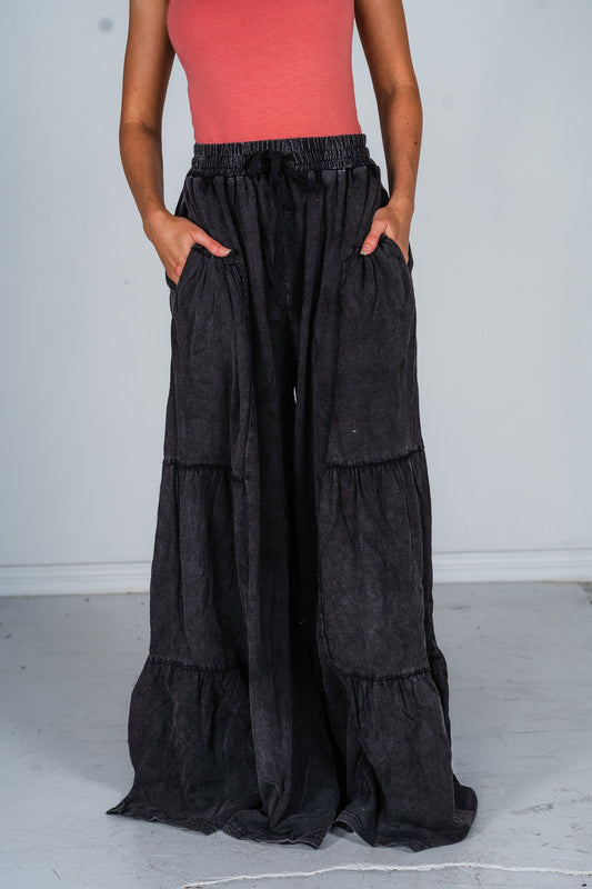 Mineral - Washed Tiered Boho Wide Leg Pants - Whiskey Skies - BLUEVELVET