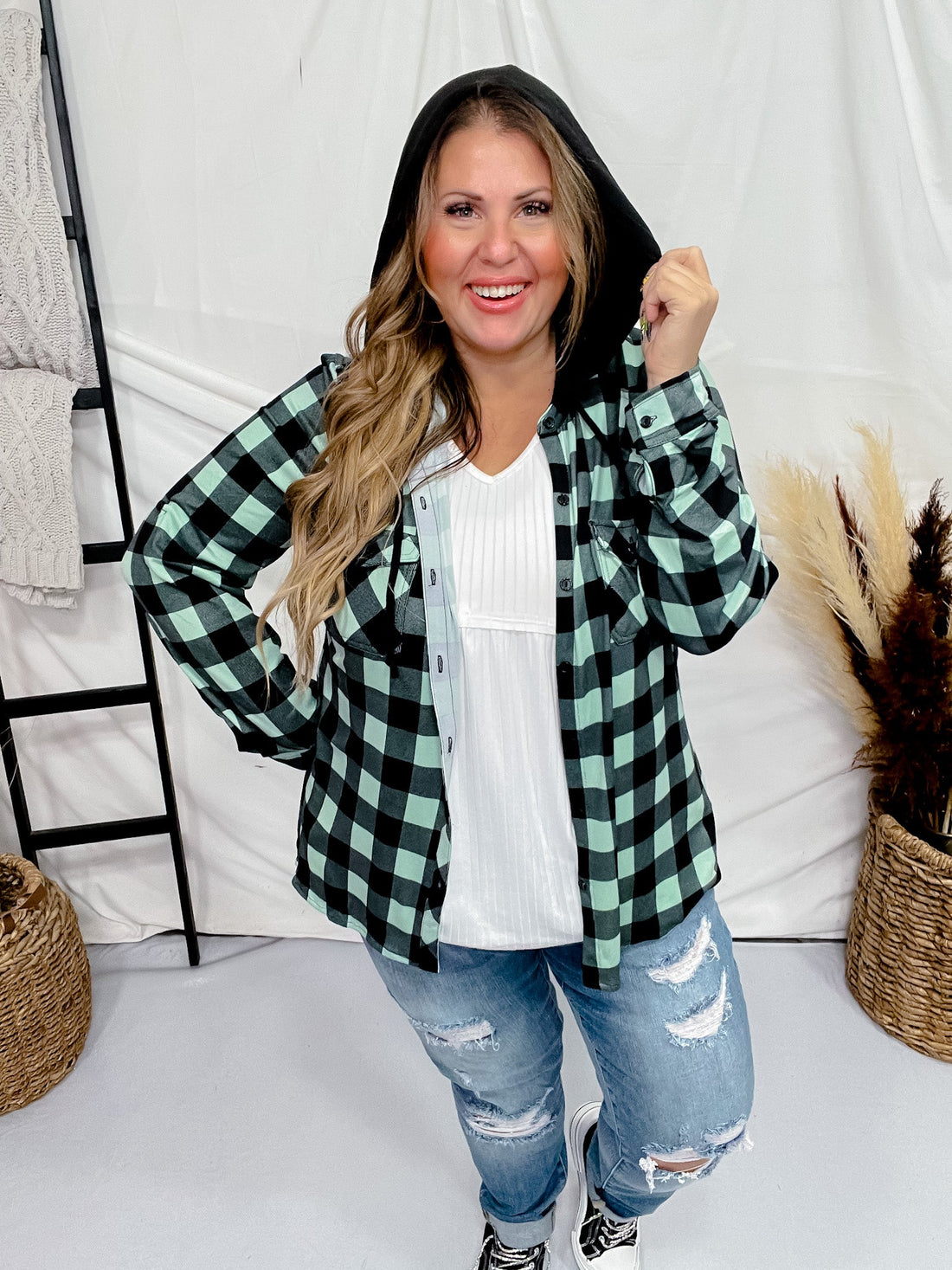 Mint and Black Button Down Plaid Shirt with Hood - Whiskey Skies - DNA COUTURE