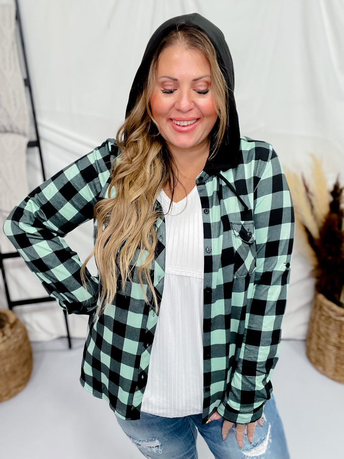 Mint and Black Button Down Plaid Shirt with Hood - Whiskey Skies - DNA COUTURE