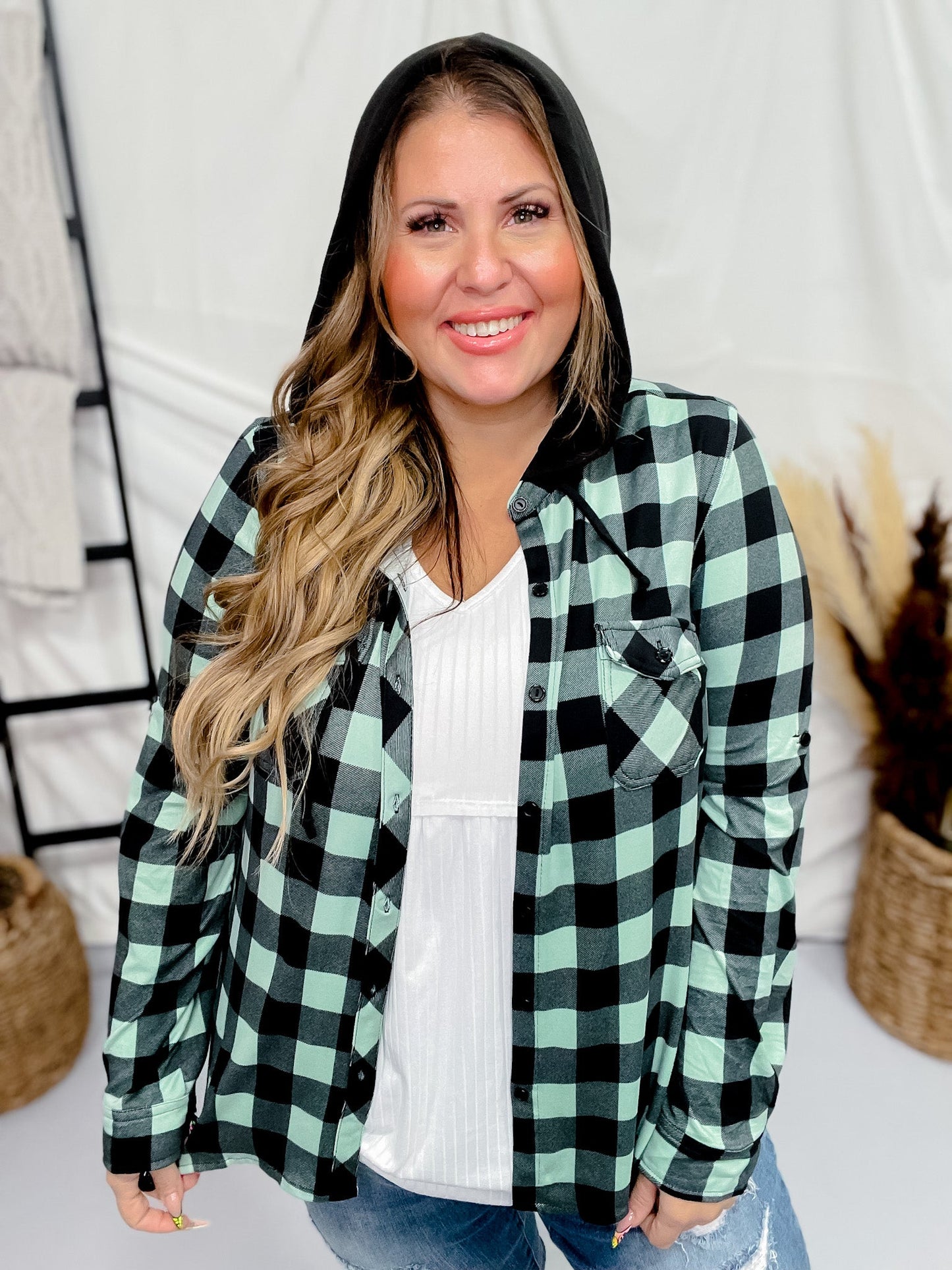 Mint and Black Button Down Plaid Shirt with Hood - Whiskey Skies - DNA COUTURE