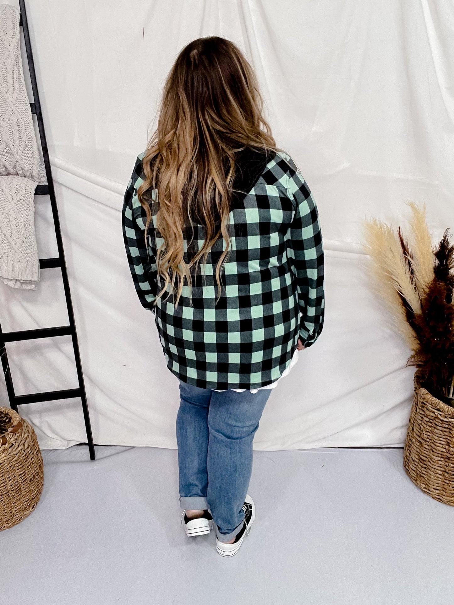 Mint and Black Button Down Plaid Shirt with Hood - Whiskey Skies - DNA COUTURE