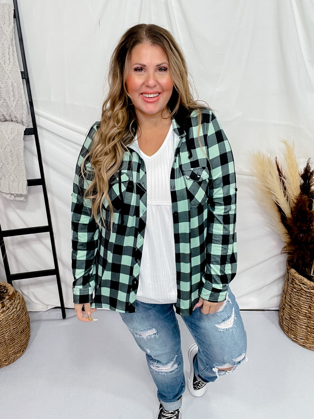 Mint and Black Button Down Plaid Shirt with Hood - Whiskey Skies - DNA COUTURE