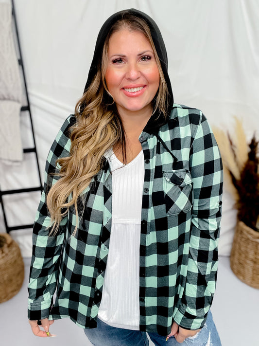 Mint and Black Button Down Plaid Shirt with Hood - Whiskey Skies - DNA COUTURE