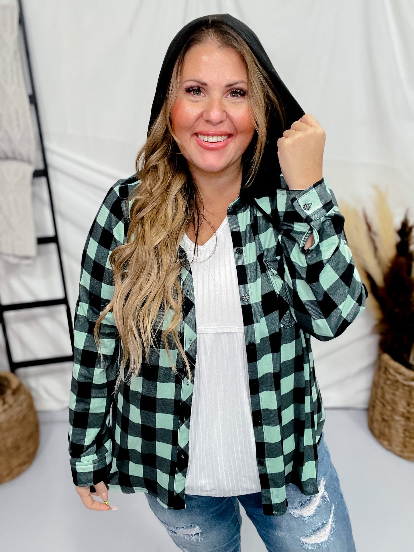 Mint and Black Button Down Plaid Shirt with Hood - Whiskey Skies - DNA COUTURE