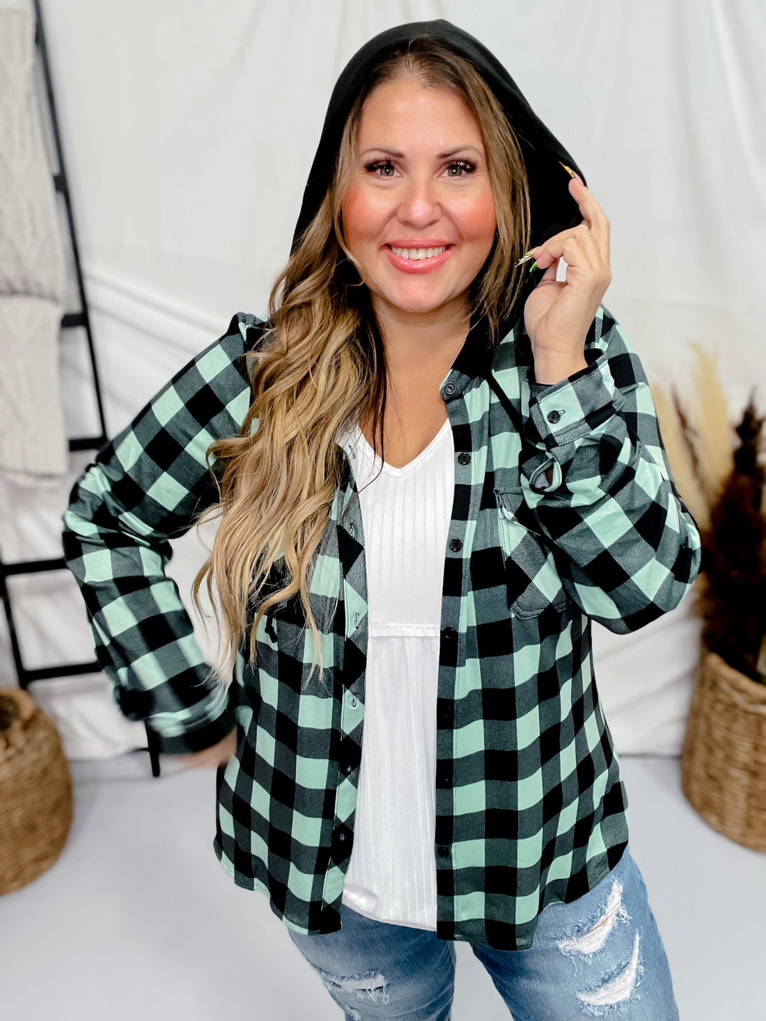 Mint and Black Button Down Plaid Shirt with Hood - Whiskey Skies - DNA COUTURE