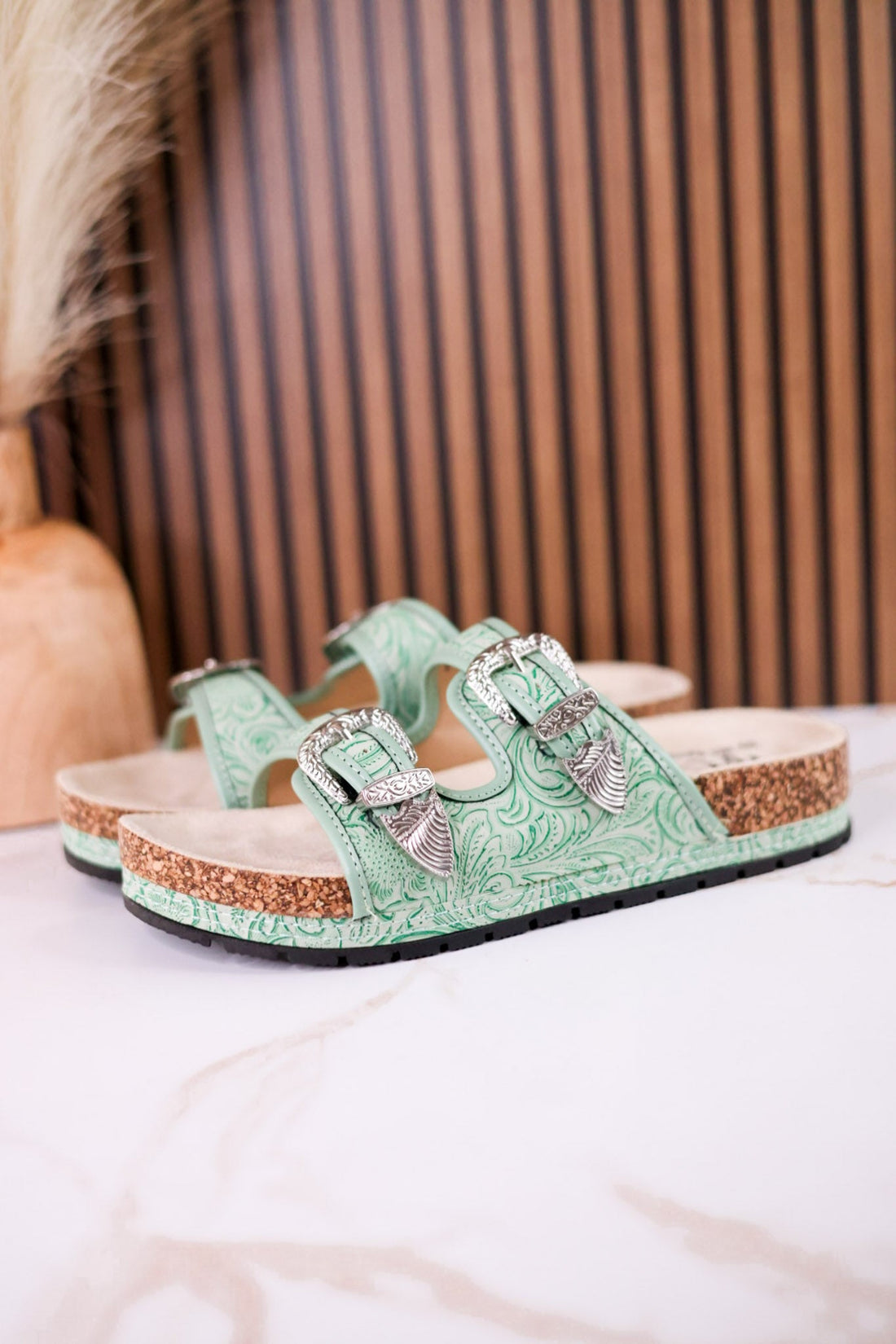 Mint Green "Morgana" Dual Strap Tooled Faux Leather Sandals - Whiskey Skies - NAUGHTY MONKEY