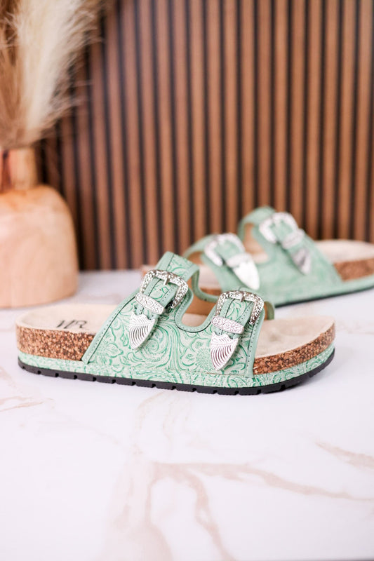 Mint Green "Morgana" Dual Strap Tooled Faux Leather Sandals - Whiskey Skies - NAUGHTY MONKEY