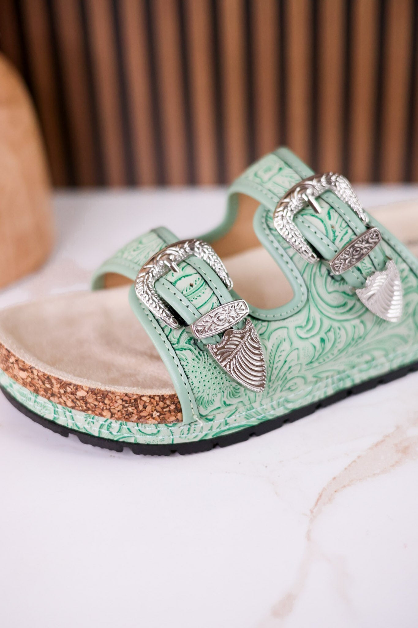 Mint Green "Morgana" Dual Strap Tooled Faux Leather Sandals - Whiskey Skies - NAUGHTY MONKEY