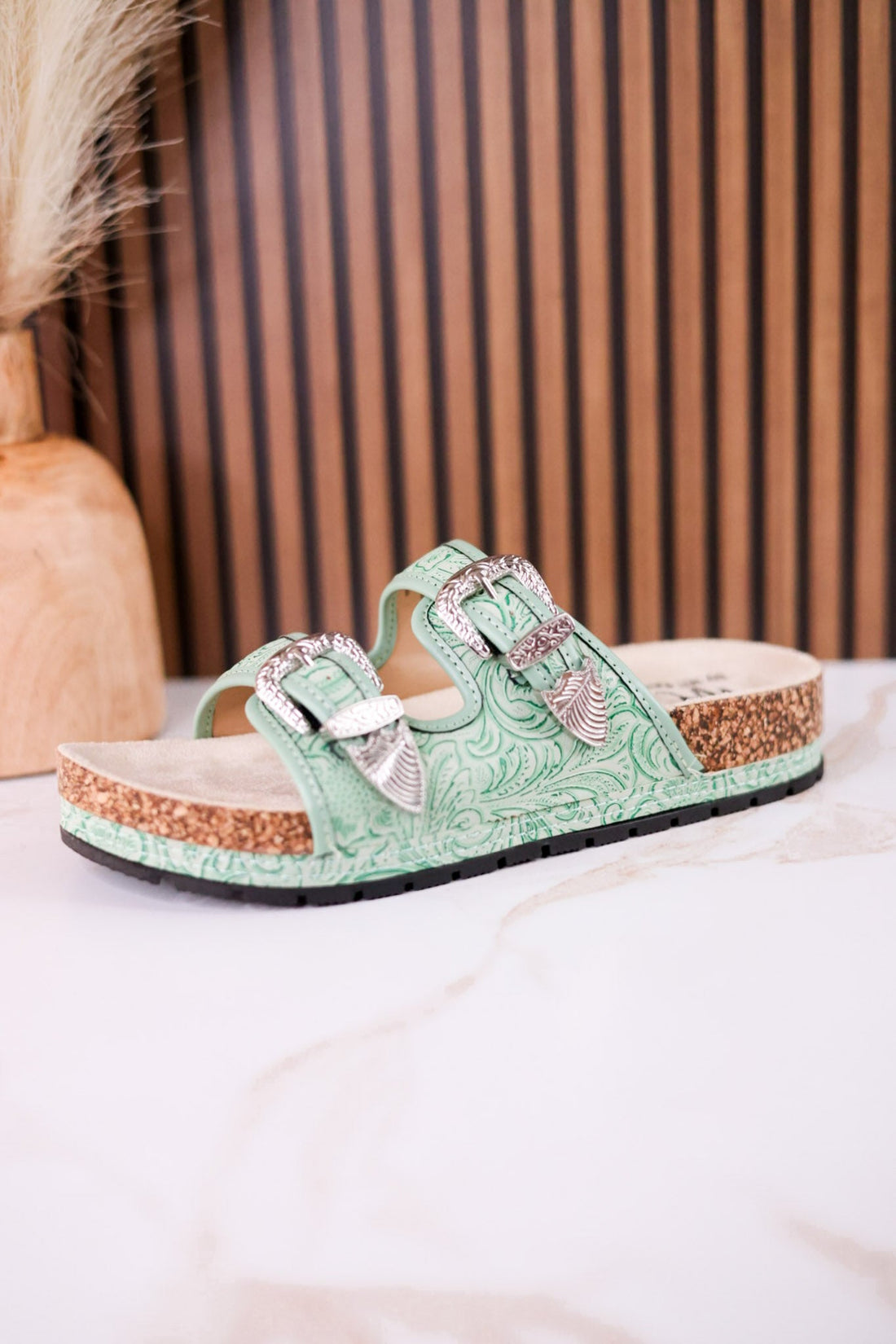 Mint Green "Morgana" Dual Strap Tooled Faux Leather Sandals - Whiskey Skies - NAUGHTY MONKEY