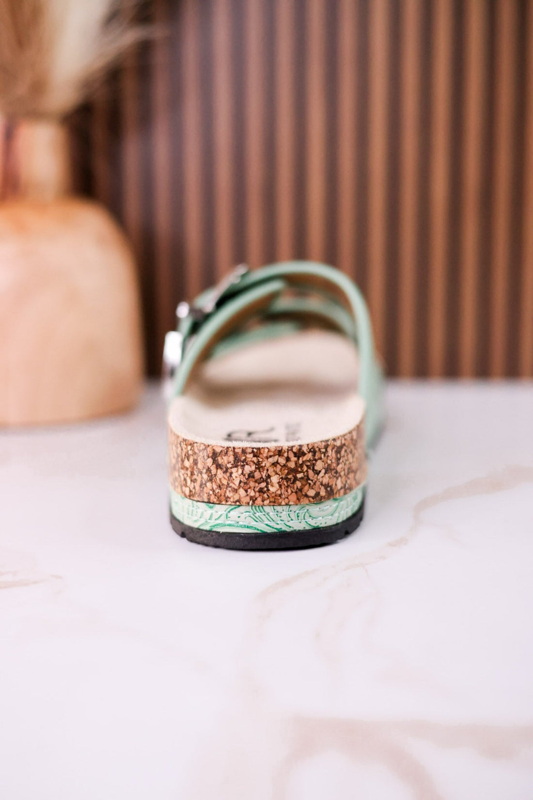 Mint Green "Morgana" Dual Strap Tooled Faux Leather Sandals - Whiskey Skies - NAUGHTY MONKEY