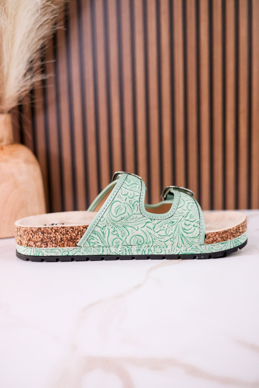 Mint Green "Morgana" Dual Strap Tooled Faux Leather Sandals - Whiskey Skies - NAUGHTY MONKEY