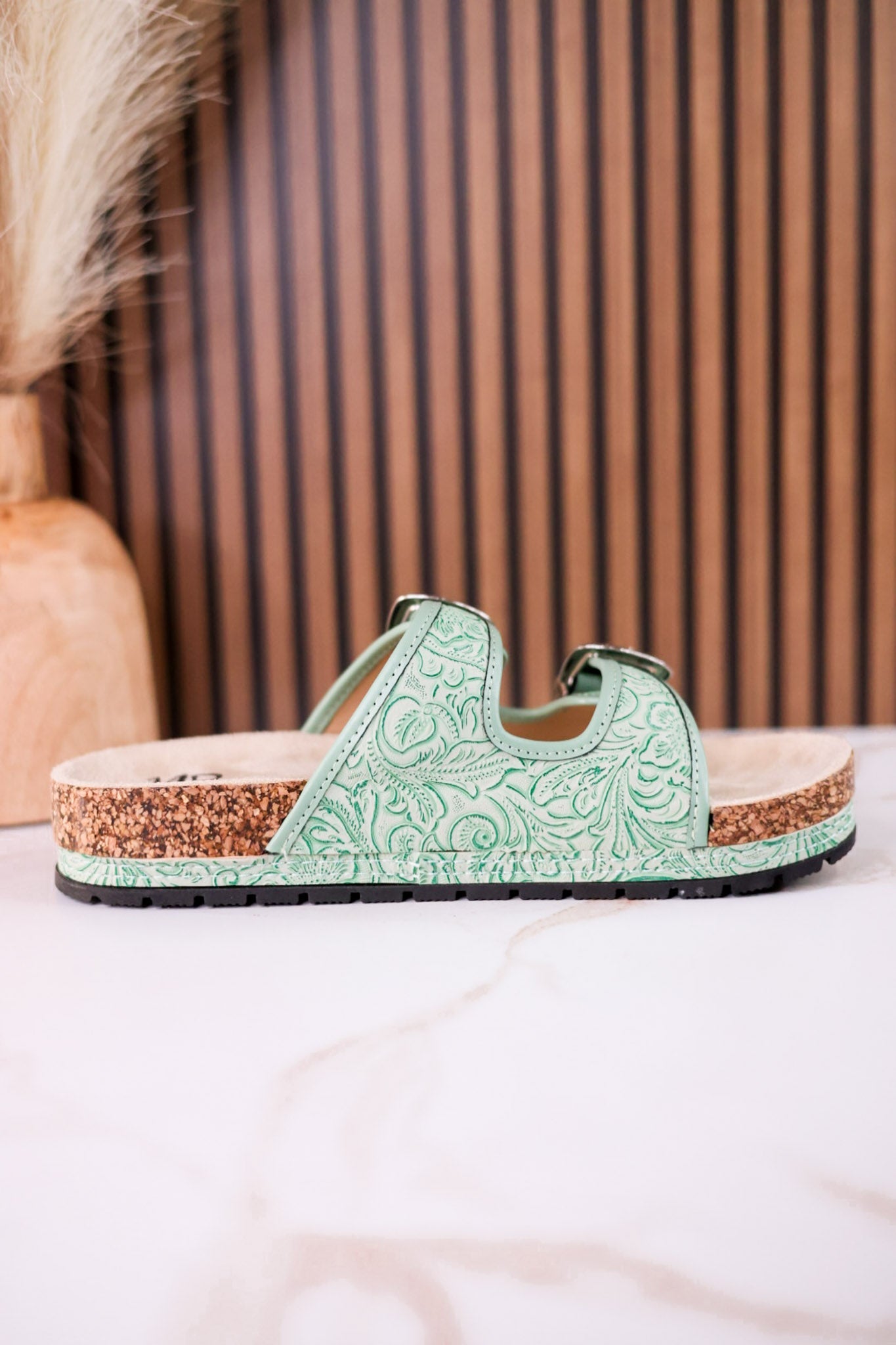 Mint Green "Morgana" Dual Strap Tooled Faux Leather Sandals - Whiskey Skies - NAUGHTY MONKEY