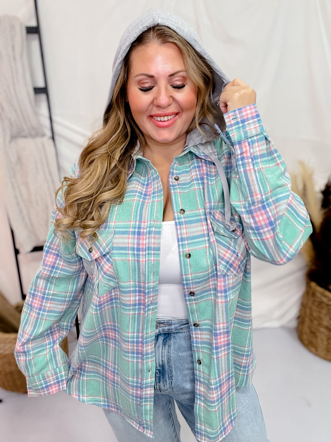 Mint Hooded Plaid Button Front Top - Whiskey Skies - P.S. KATE