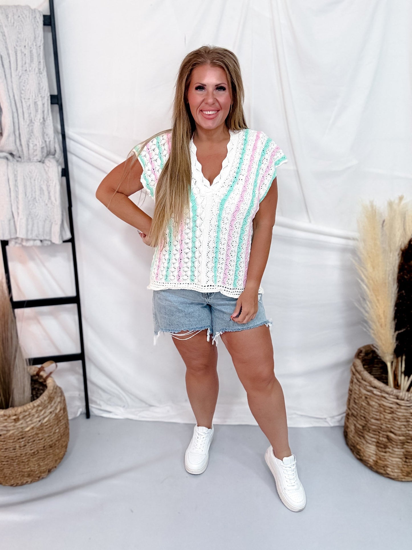 Mint & Pink Striped Crochet Top With Scalloped V-Neckline - Whiskey Skies - BIBI